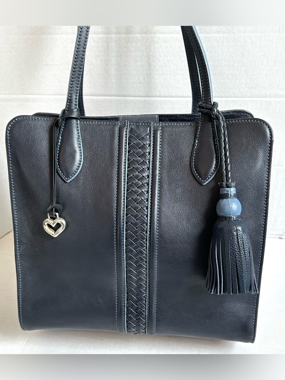 Ferrara by Brighton Navy Italian Leather Large Classic Chic Tote Bag Tassel - Picture 4 of 12